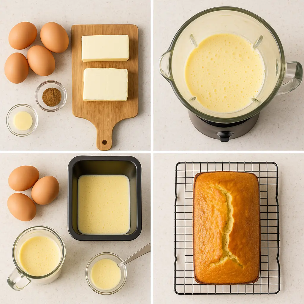 Step-by-step visual of making keto egg loaf from blending to baking