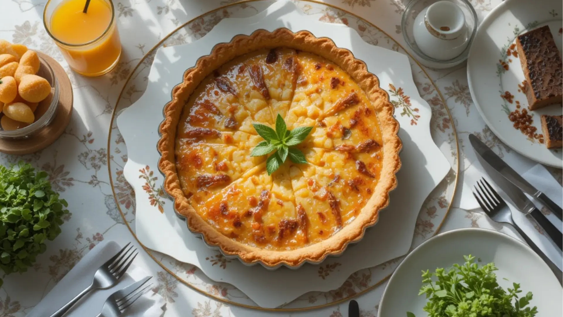 Overhead view of a brunch table featuring a ham and cheese quiche as the centerpiece.