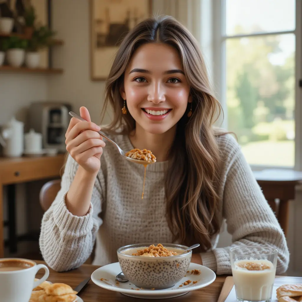 A cheerful person eating sticky toffee chia pudding at the breakfast table.