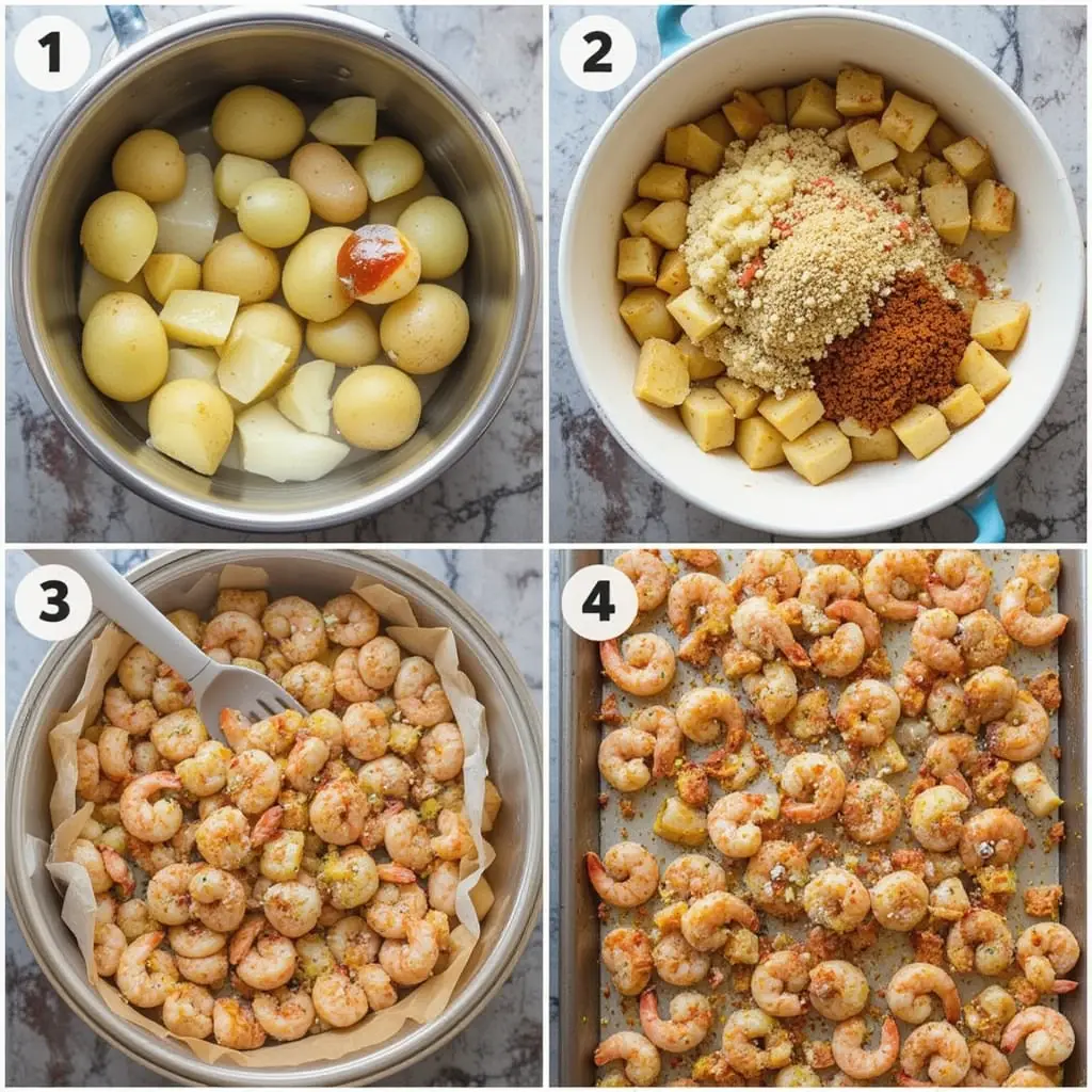 Step-by-step process of making sheet pan shrimp boil from preparation to baking