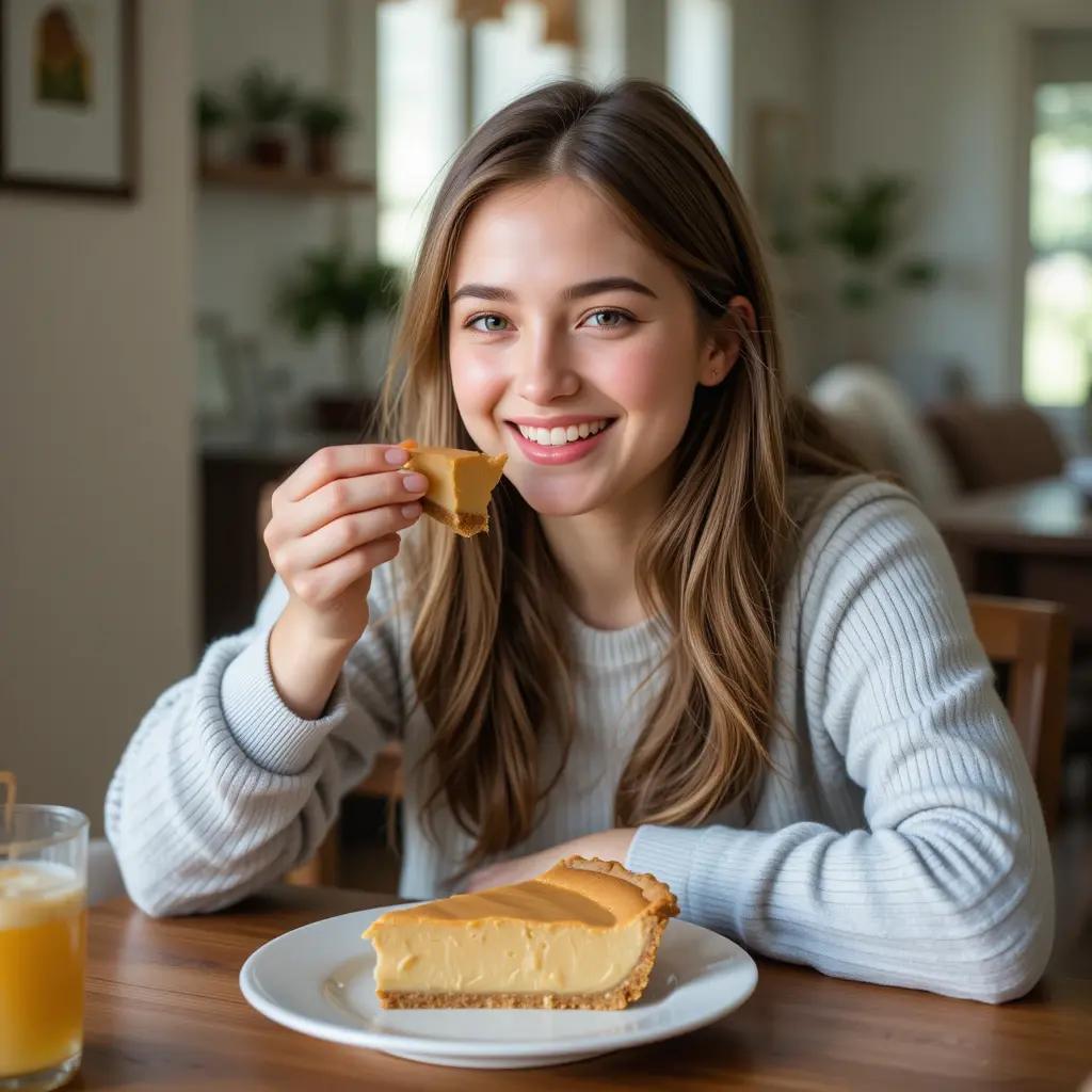 A person smiling joyfully while eating a slice of peanut butter pie at home