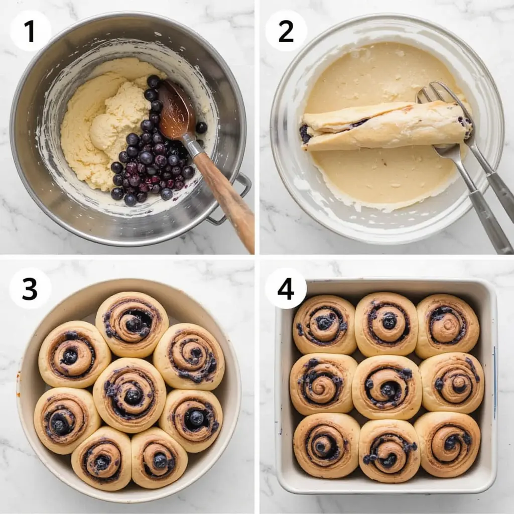 Visual step-by-step collage of blueberry cinnamon rolls with numbers 1 to 4

