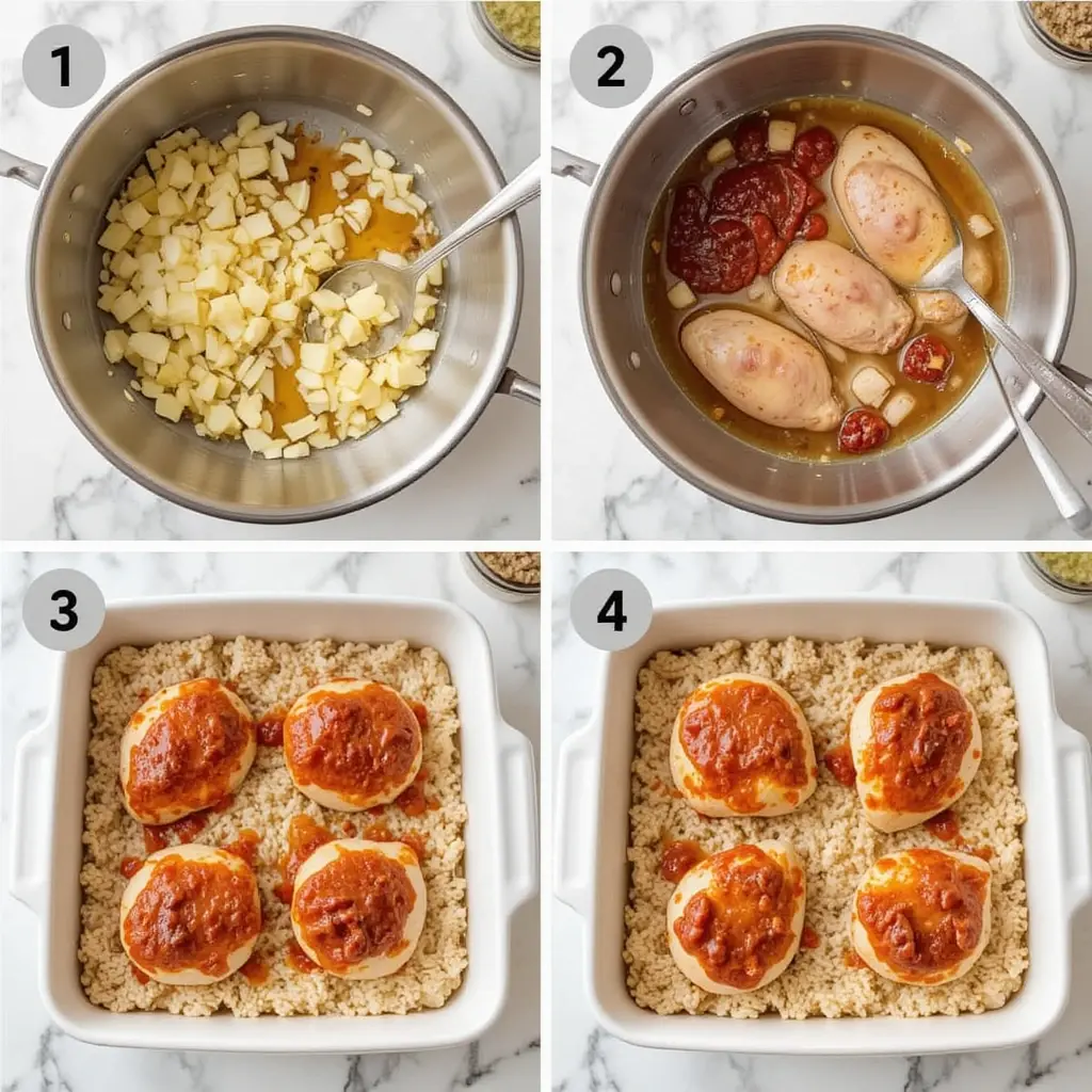 Step-by-step cooking process of Chicken and Rice Bake in one image