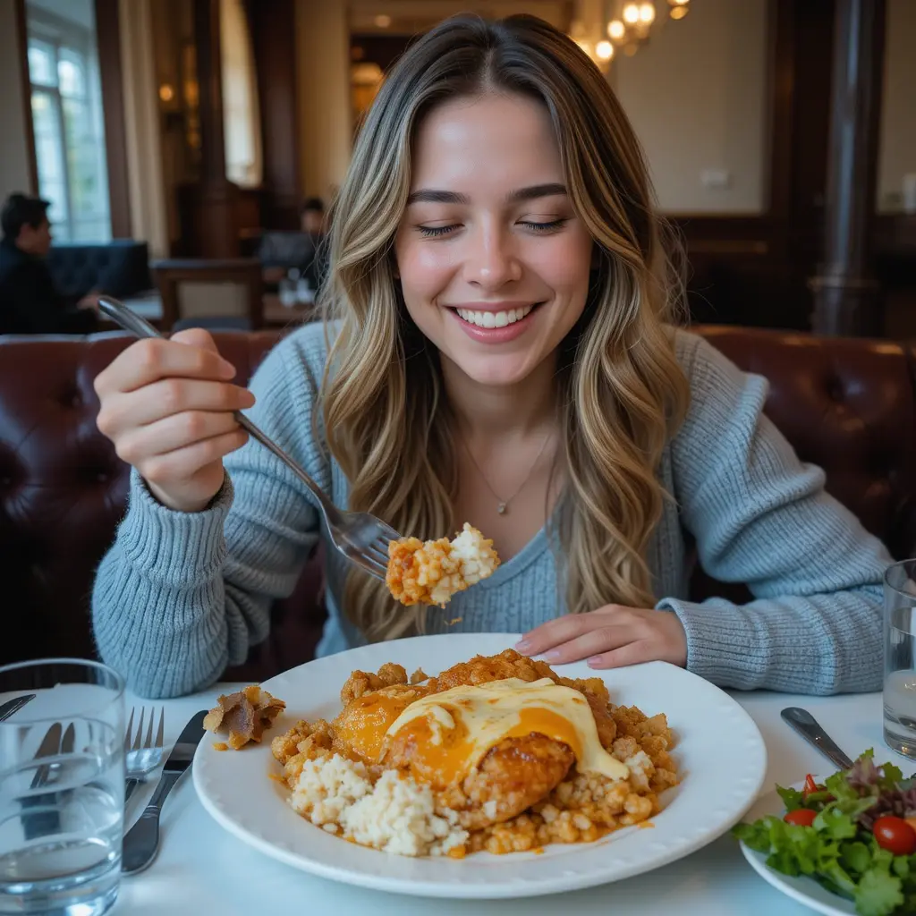 Happy person enjoying a homemade Chicken and Rice Bake at dinner