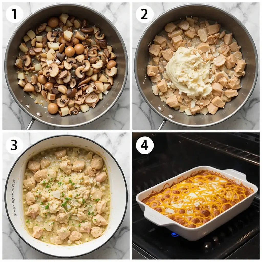 A collage of 4 cooking stages for creamy chicken, cabbage, and mushroom casserole from sautéing to baking.