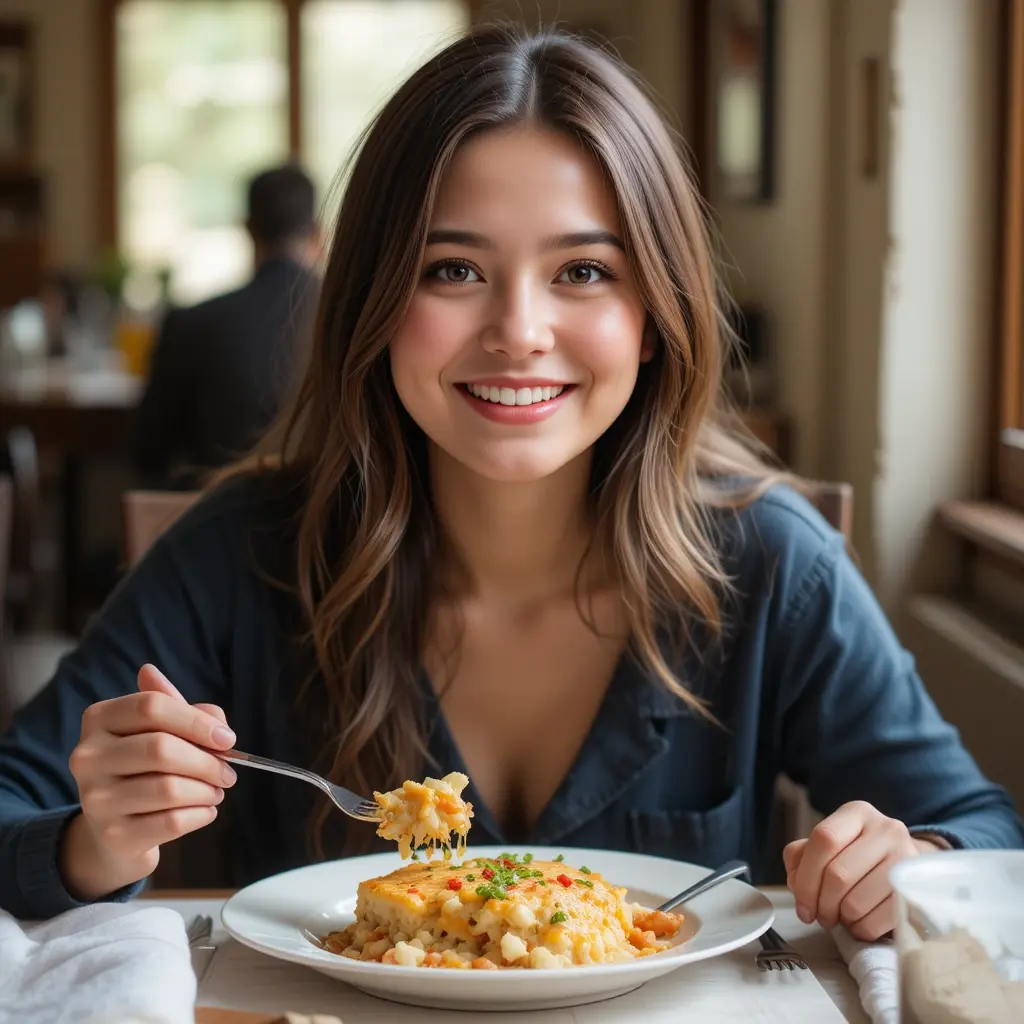 A person smiling joyfully after finishing a plate of creamy chicken, cabbage, and mushroom casserole.