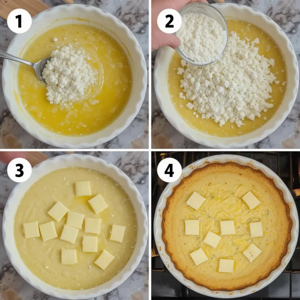 Collage of four steps: filling, cake mix layer, butter slices, and finished lemon dump cake