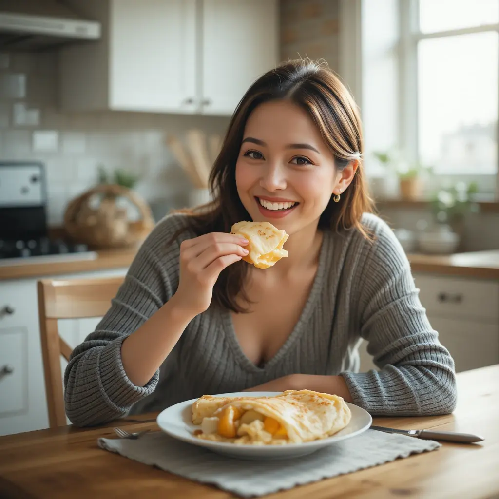 A woman enjoying a bite of peach crepe at the kitchen table with a smile