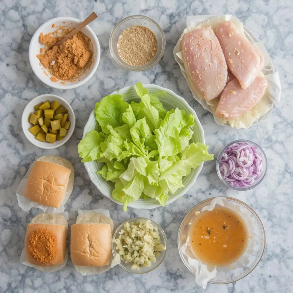 Flat lay of fresh ingredients for making Cajun chicken sliders