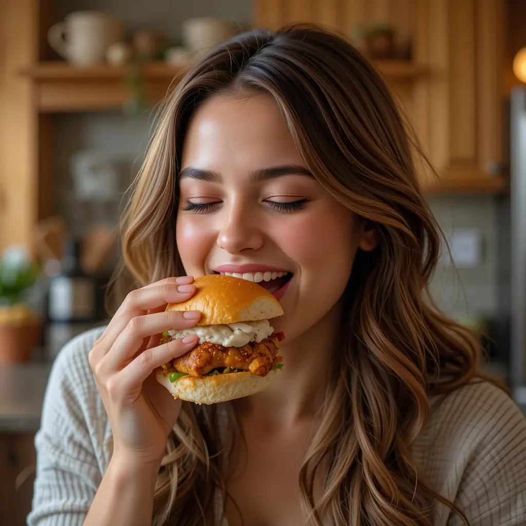 Person enjoying a bite of spicy Cajun chicken slider with a smile