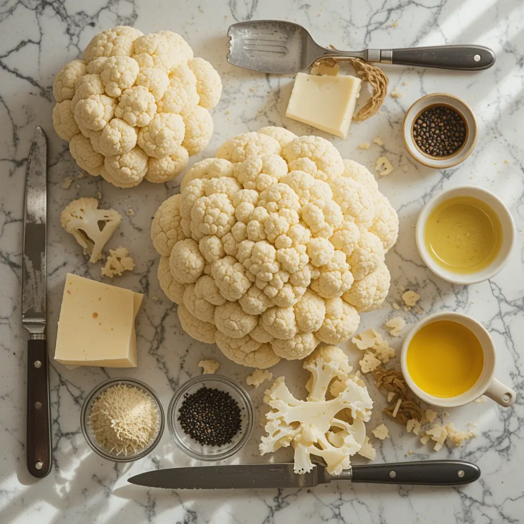 Ingredients flat lay for making roasted cauliflower with cheese and pepper