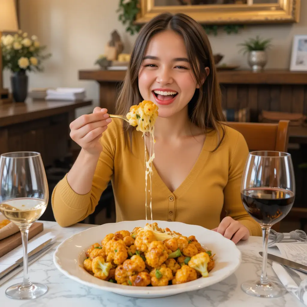 Woman happily eating Cacio e Pepe roasted cauliflower at dining table