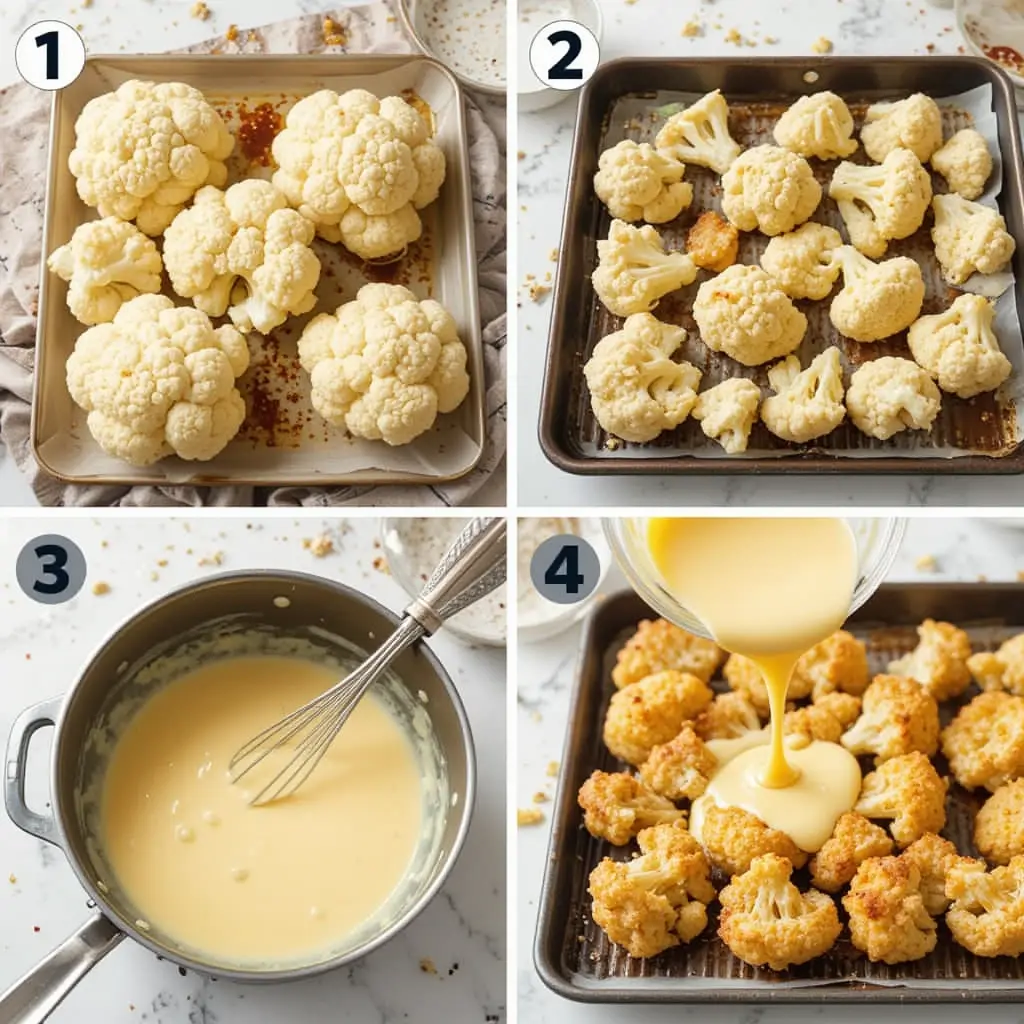 Step-by-step cooking process of roasting cauliflower with cheese sauce