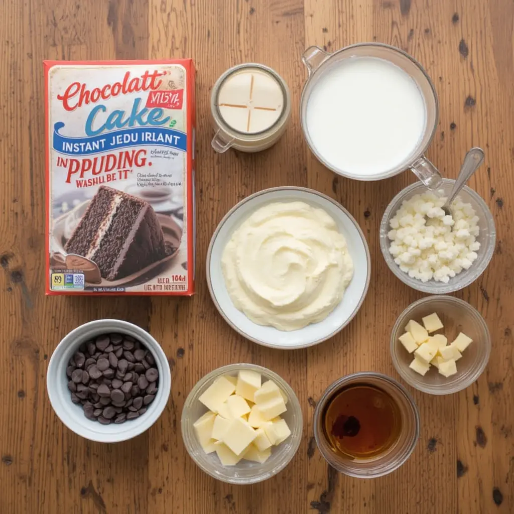 Top view of ingredients like cake mix, pudding, butter, milk, and chocolate chips arranged for making a chocolate dump cake.