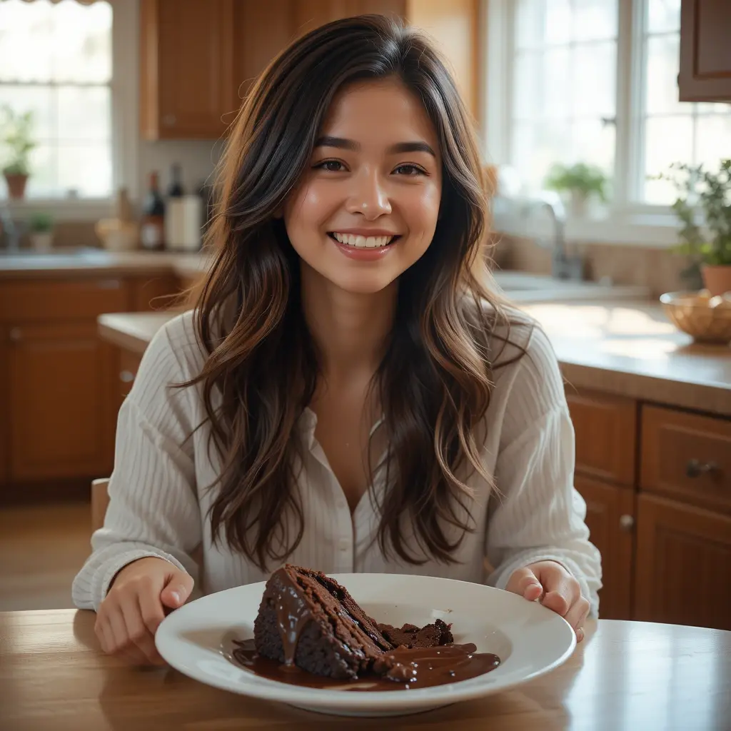 A satisfied woman smiling after eating chocolate dump cake in a cozy kitchen setting.