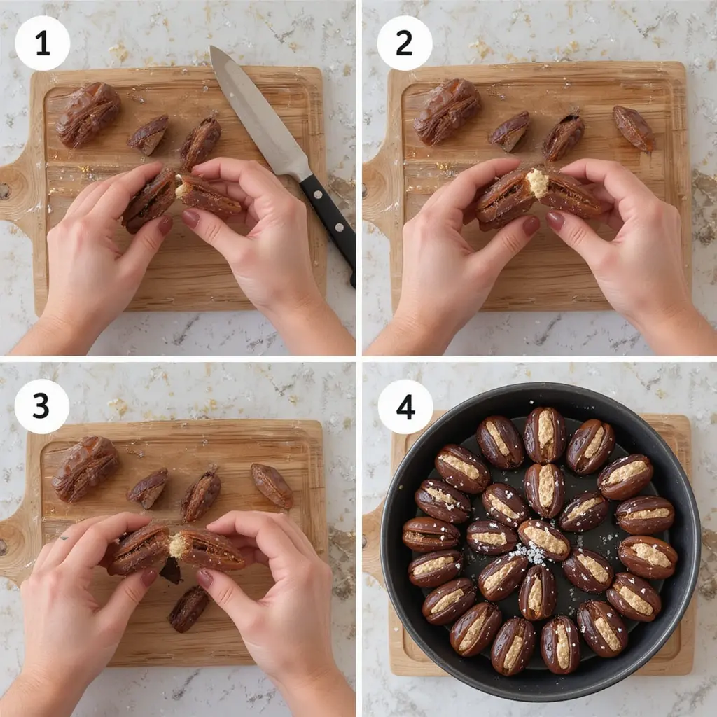 Four-step process showing how to slice, fill, season, and plate Salted Tahini-Stuffed Dates.