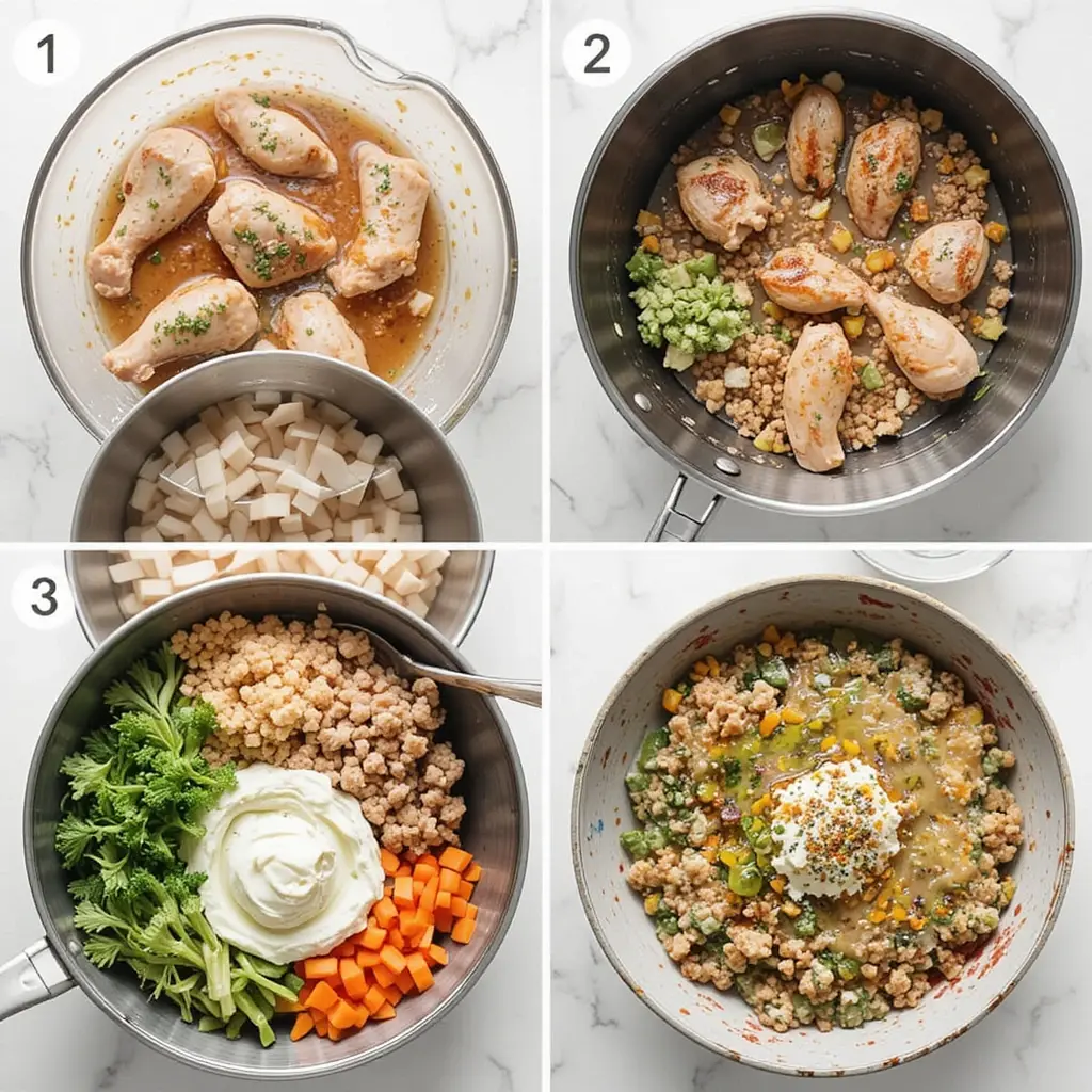 A 5-frame collage of step-by-step cooking process for Chicken Tzatziki Bowls