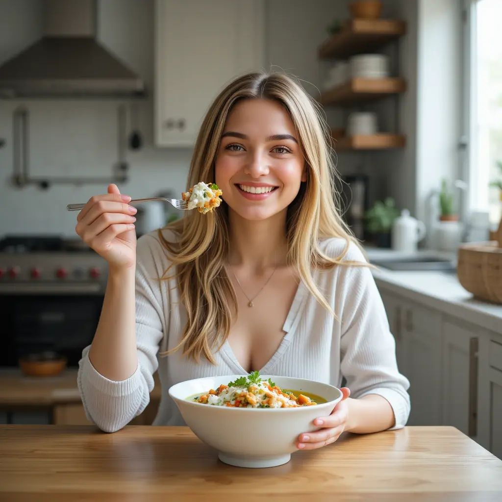 A woman smiling while eating a Chicken Tzatziki Bowl at a cozy kitchen table