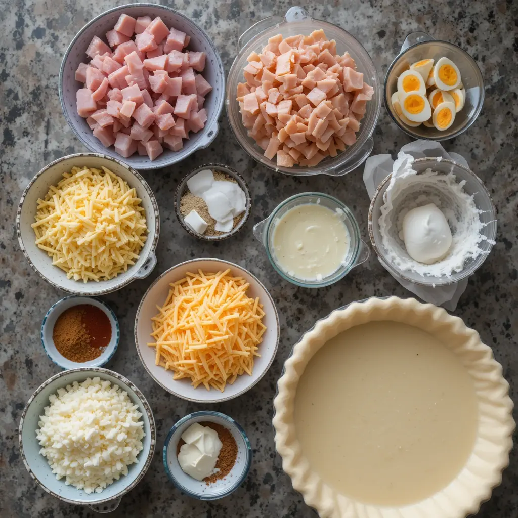 Kitchen counter with ham, cheese, eggs, and other ingredients prepared for quiche.