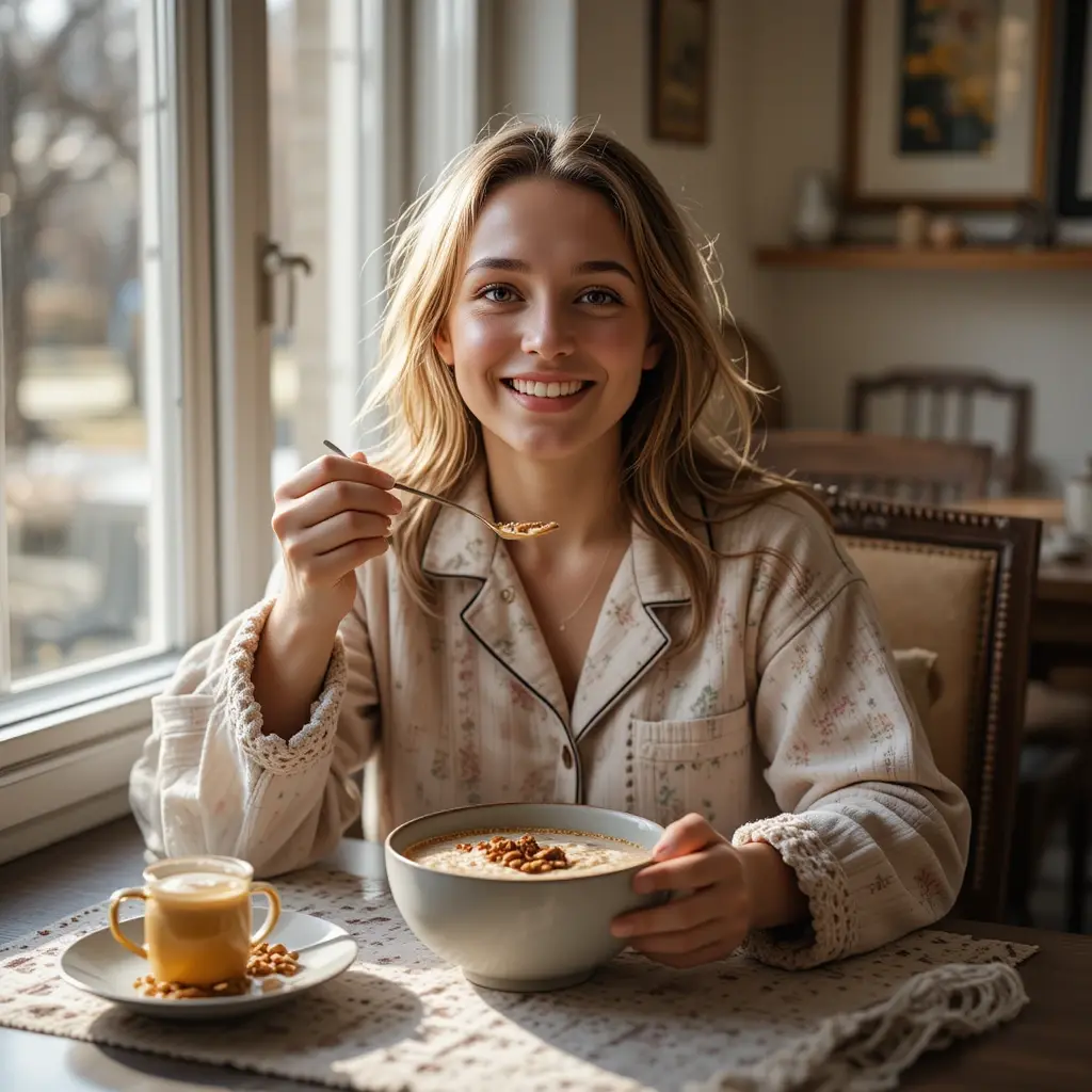 A person in pajamas enjoying espresso overnight oats at a sunlit breakfast table.