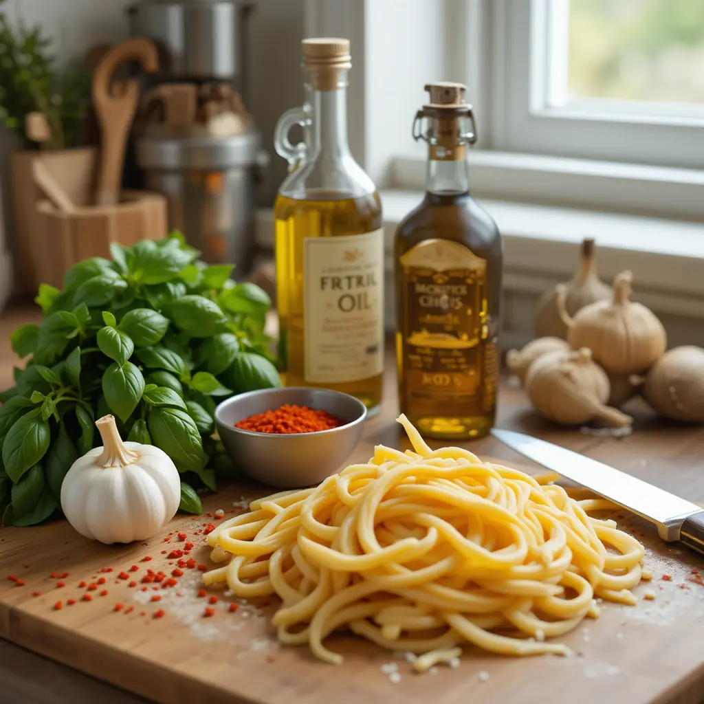 Garlic, basil, olive oil, and pasta arranged on a kitchen counter for cooking