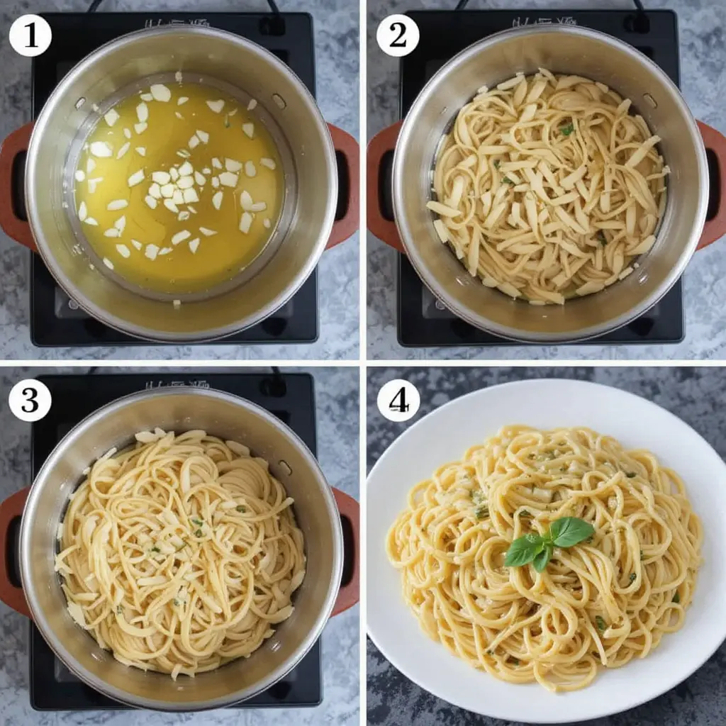 Collage showing pasta boiling, garlic sautéing, mixing ingredients, and final plating