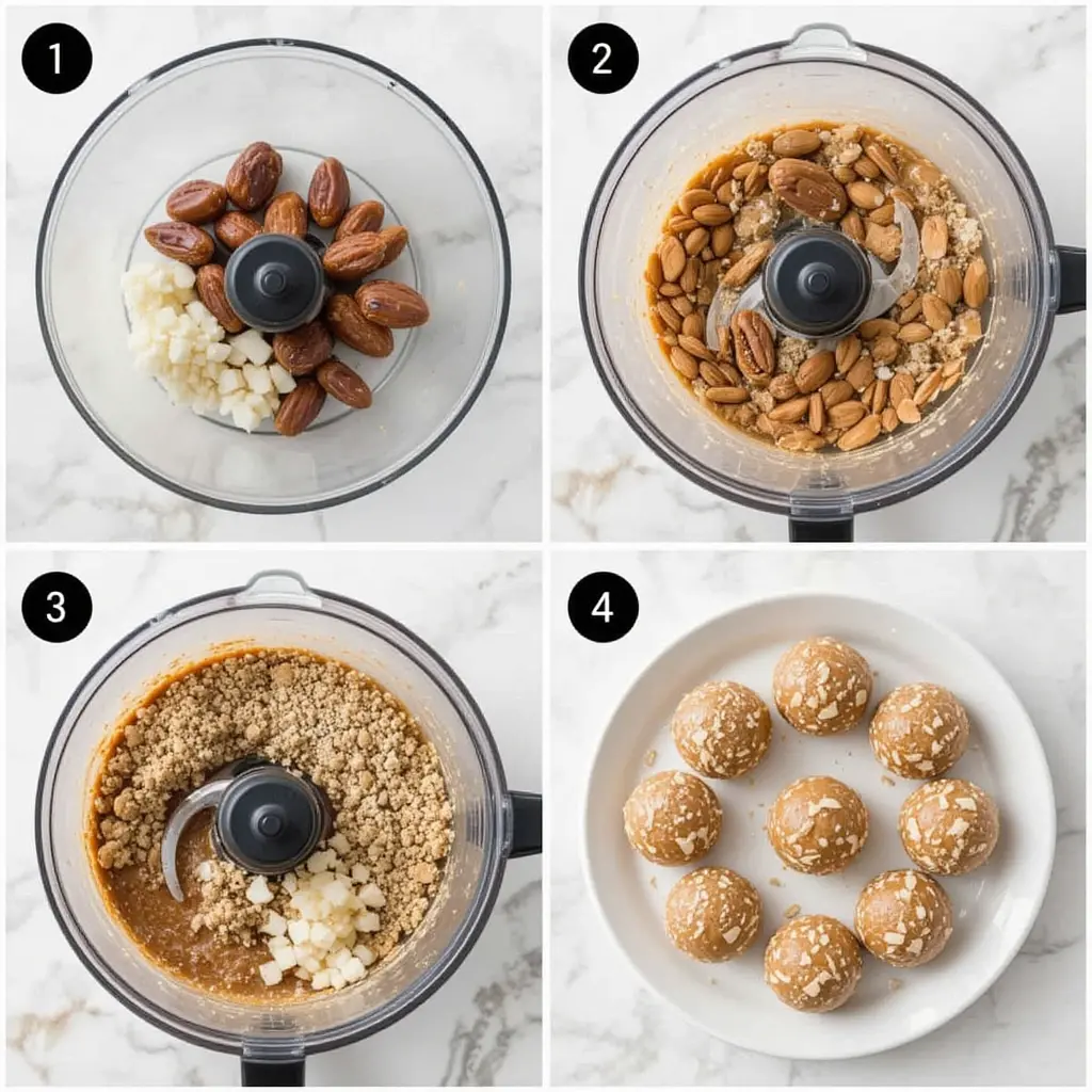 Four-step collage showing how to make Lemon Coconut Energy Balls from ingredients to final rolling