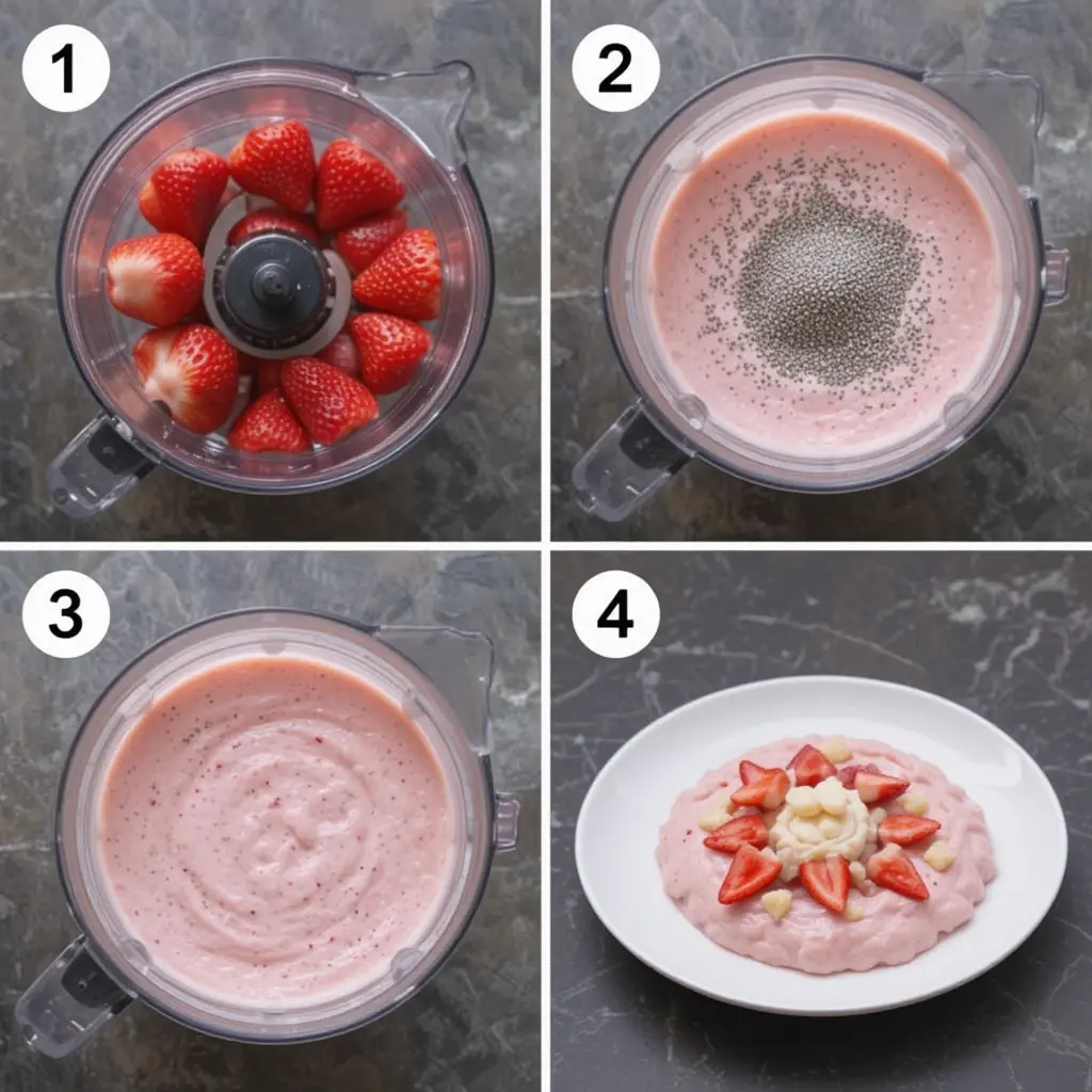 Four-panel image showing steps to make strawberry chia pudding from blending to final dish.