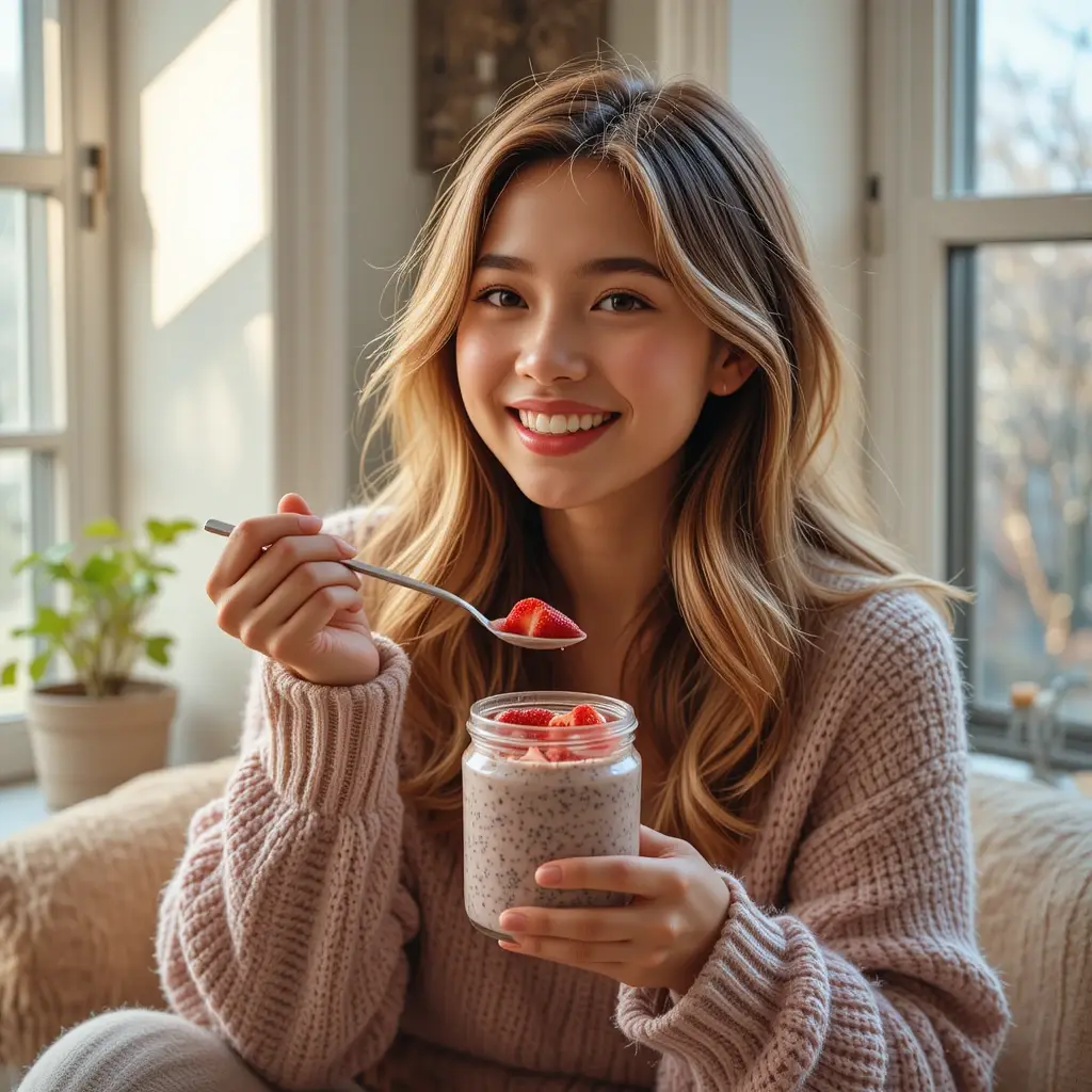 A woman happily eating strawberry chia pudding near a sunny window.