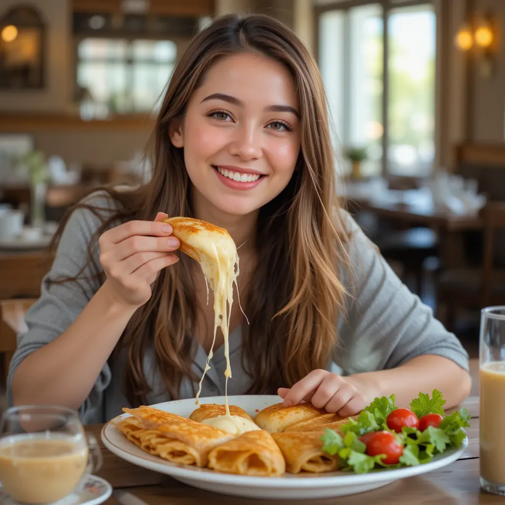 A smiling person enjoying a bite of cheesy crepes with salad, expressing satisfaction and delight.